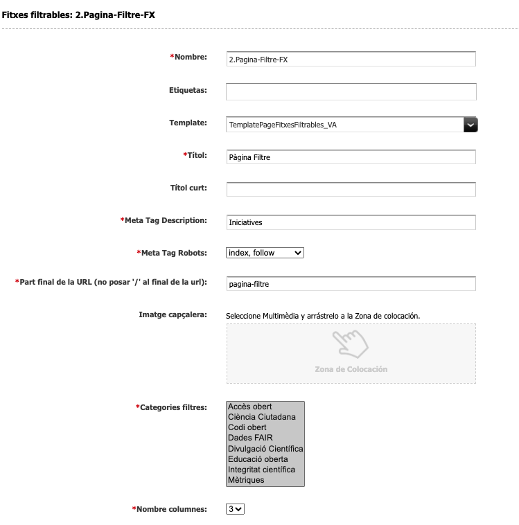 Categories seleccionades en un asset Fitxa