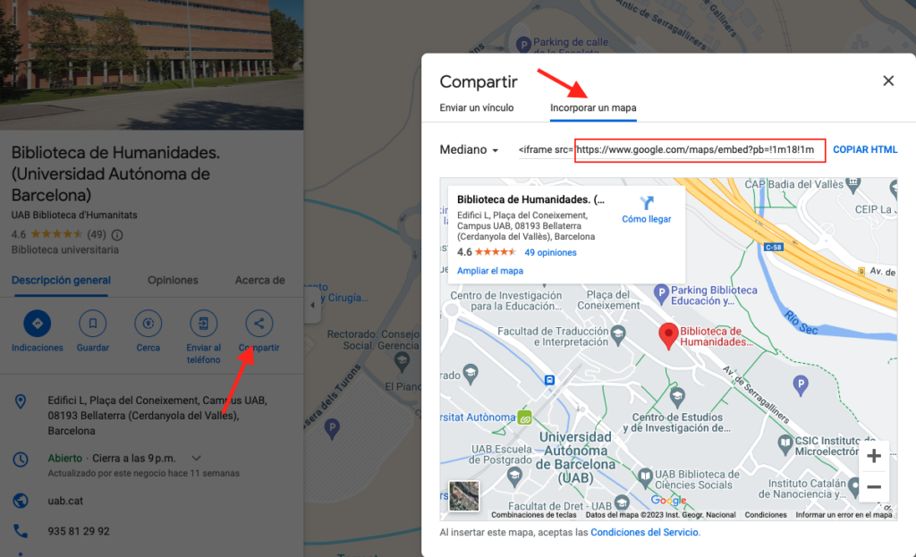 Captura de pantalla de l'opció de Compartir d'un mapa de Google Maps