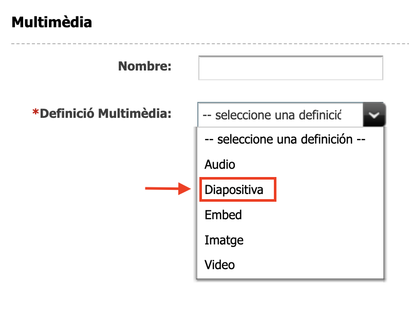 Captura de pantalla de les definicions de l'asset multimèdia on s'ha resaltat la definició Diapositiva
