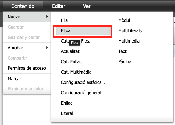 Opcions del menú Nou on s'ha resaltat la ubicació de l'opció Fitxa