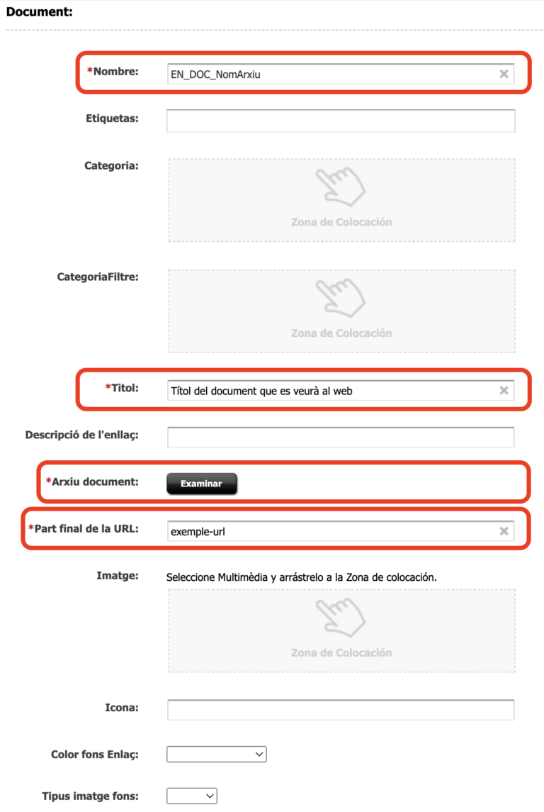 Camps obligatoris de l'asset document: Títol, Arxiu document i Part final de la URL