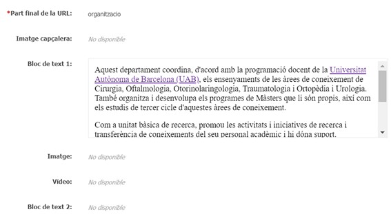 Captura de pantalla parcial dels atributs d'una pàgina interior a Oracle Webcenter Sites