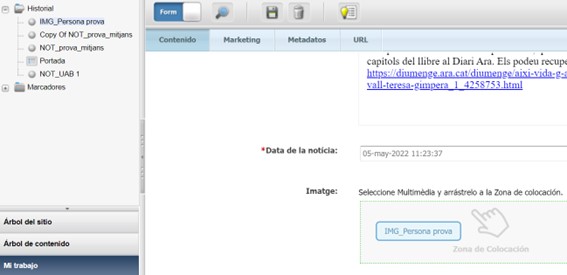 Captura de pantalla parcial de l'associació d'assets a Oracle Webcenter Sites