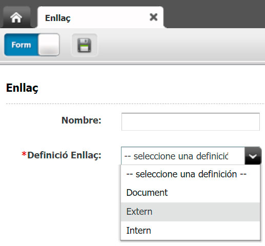 Menú per triar l'enllaç de tipus Extern
