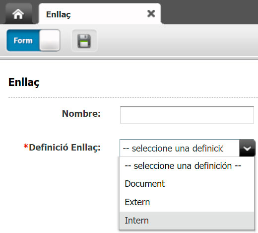 Menú per triar l'enllaç de tipus Intern