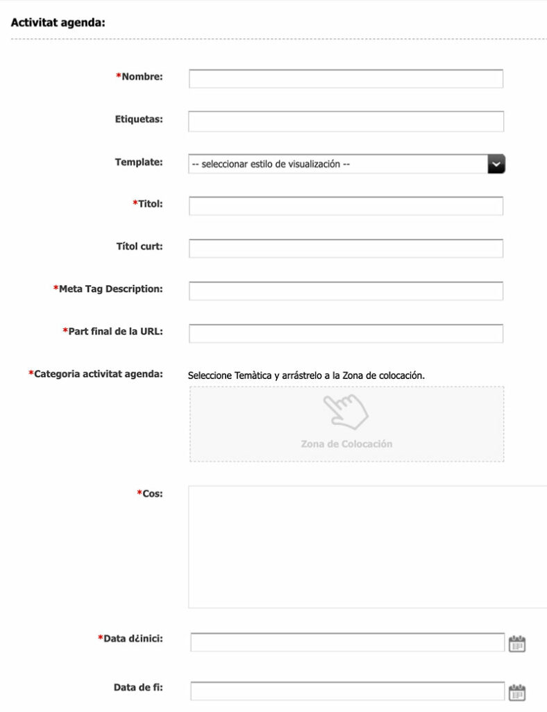 Captura de pantalla dels camps de l'asset Activitat agenda