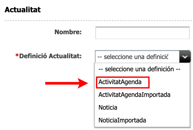 Captura de pantalla de les definicions de l'asset actualitat on s'ha resaltat la definició ActivitatAgenda