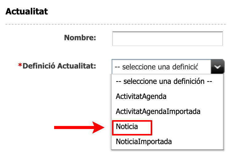 Captura de pantalla de les definicions de l'asset actualitat on s'ha resaltat la definició Notícia