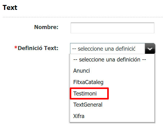 Captura de pantalla de les definicions de l'asset Text on s'ha resaltat la definició Testimoni