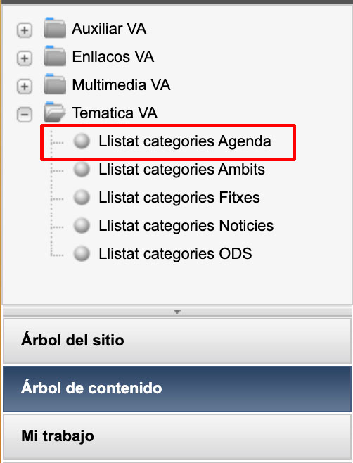 Captura de pantalla del bloc Árbol de contenido on s'ha resaltat l'opció Llistat categories Agenda