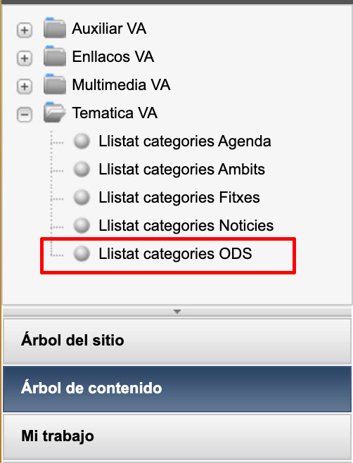 Captura de pantalla del bloc Árbol de contenido on s'ha resaltat l'opció Llistat categories ODS