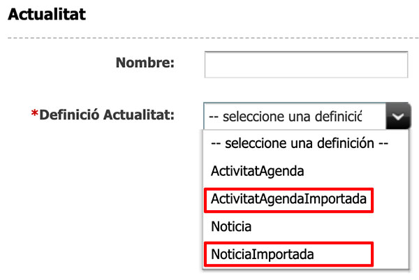 Captura de pantalla de les definicions de l'asset actualitat on s'ha resaltat les definicions ActivitatAgendaImportada i NoticiaImportada
