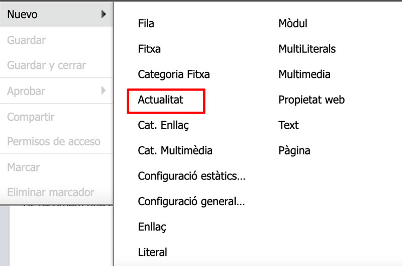 Opcions del menú Nou on s'ha resaltat la ubicació de l'opció Actualitat