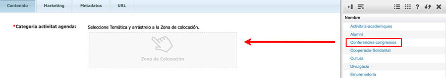 Llistat de categories d'agenda on s'ha destacat una i fletxa que indica el camp on s'ha d'arrossegar