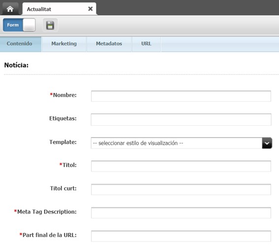 Captura de pantalla parcial del formulari de l'asset Notícia a Oracle Webcenter Sites