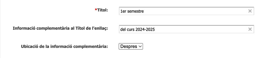 Camps per a posar la informació complementària al text de l'enllaç dins d'un asset enllaç