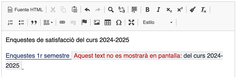 Visualització d'un enllaç que té informació complementària al camp de text del gestor de continguts
