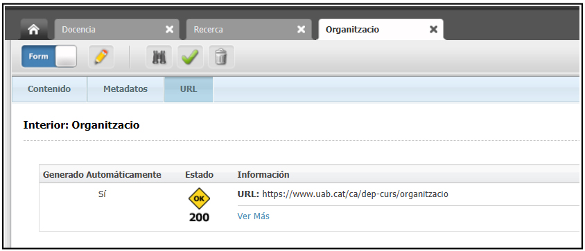 Captura de pantalla parcial de la pestanya URL d'una pàgina a Oracle Webcenter Sites