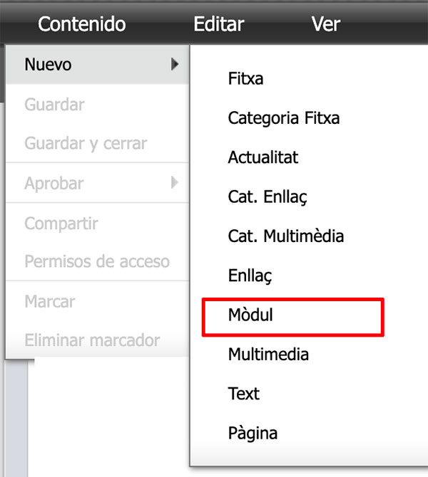 Opcions del menú Nou on s'ha resaltat la ubicació de l'opció Mòdul