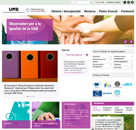 Captura de pantalla de la portada del site de l'Observatori per a la Igualtat de la UAB
