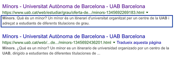 Resultats d'una cerca on es mostra la descripció del site