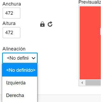 Captura de pantalla del detall de l'alineació de les propietats d'imatge a CKEditor