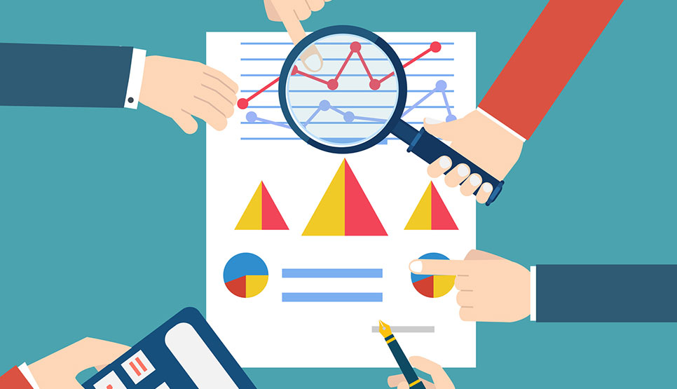 Il·lustració amb unes mans inspeccionant uns gràfics amb dades