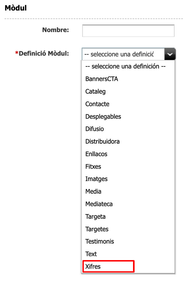 Captura de pantalla de les definicions de l'asset Mòdul on s'ha resaltat la definició Xifres