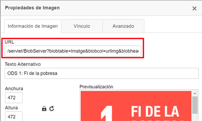 Captura de pantalla de les propietats d'una imatge a CKEditor