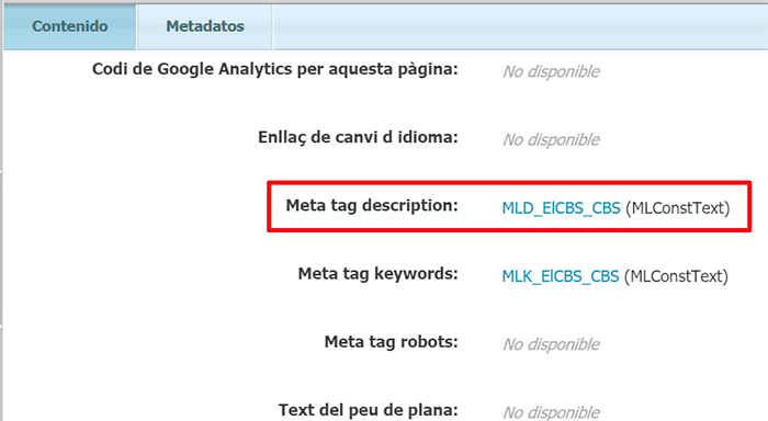 Camp de l'asset pàgina on s'ha d'associar el multillenguatge amb la metadescription