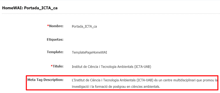 Ubicació del camp metadescription en les pàgines WAI