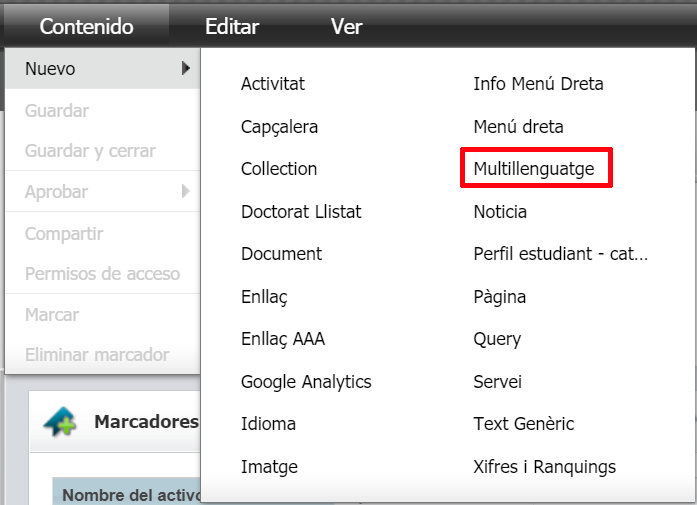 Menú Nuevo on s'ha resaltat el nom de l'asset Multillenguatge