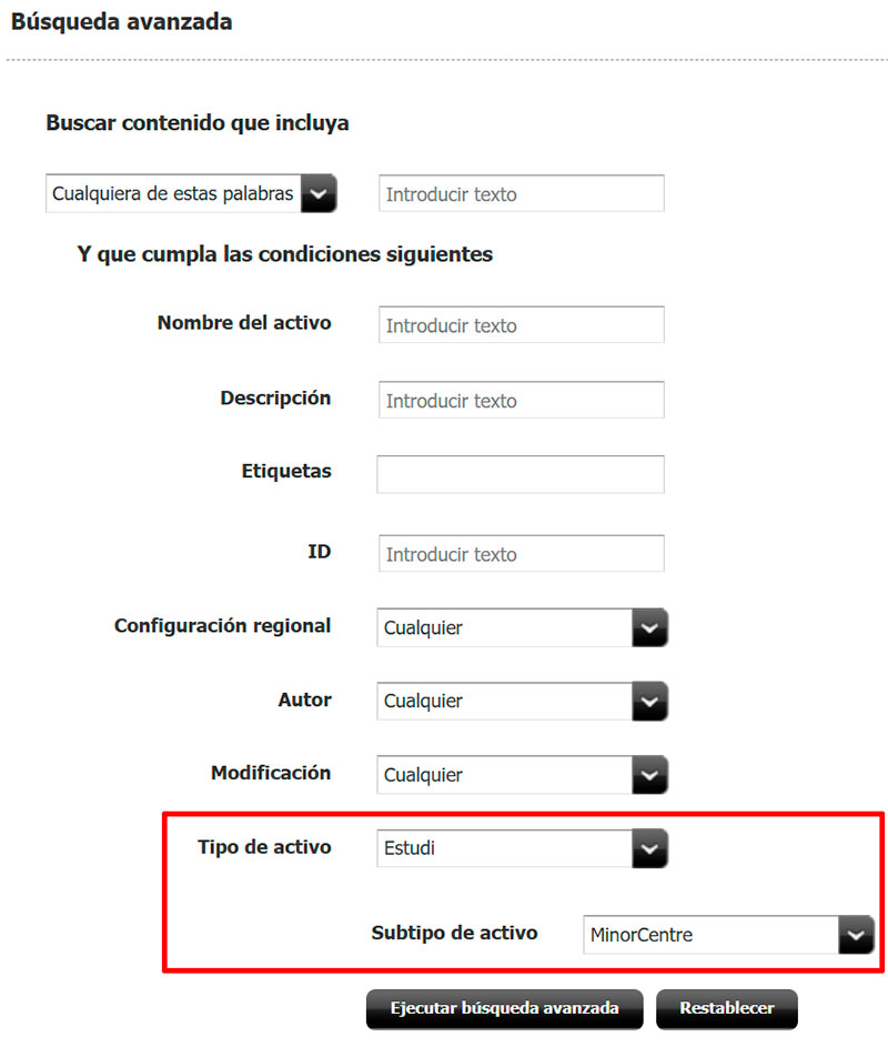 Cerca avançada de l'asset Estudi, subtipus Mínor Centre
