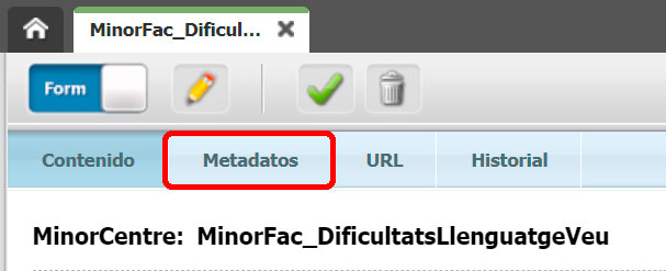 Ubicació de la pestanya Metadatos