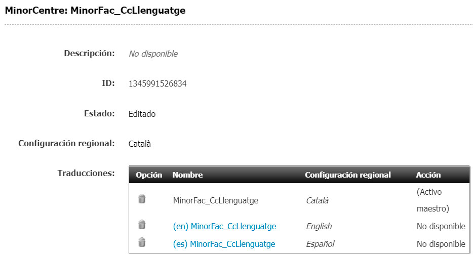 Visualització del quadre de les traduccions a la pestanya Metadatos