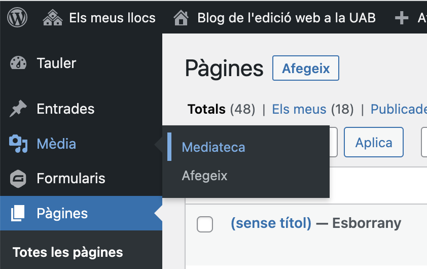 Localització de l'accés a la mediateca de WordPress