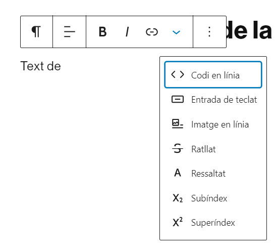 Panell emergent amb les eines d'edició del bloc tipus paràgraf