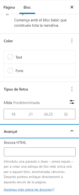 Barra lateral de configuració del bloc paràgraf.