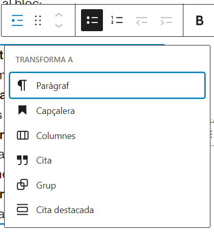 Panell emergent amb les opcions de transformació del bloc llista a un altre tipus de bloc de text