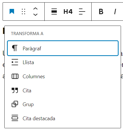 Panell emergent amb les opcions de transformació del tipus de bloc capçalera