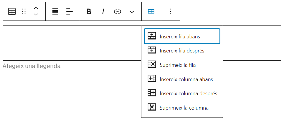 panell emergent amb les opcions de configuració del bloc taula