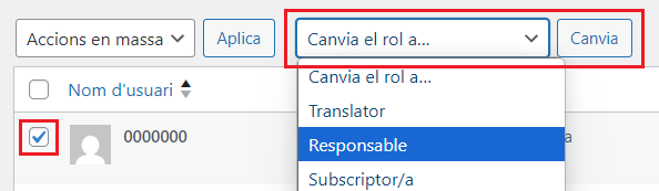 Captura de pantalla que mostra com canviar el rol d'un usuari