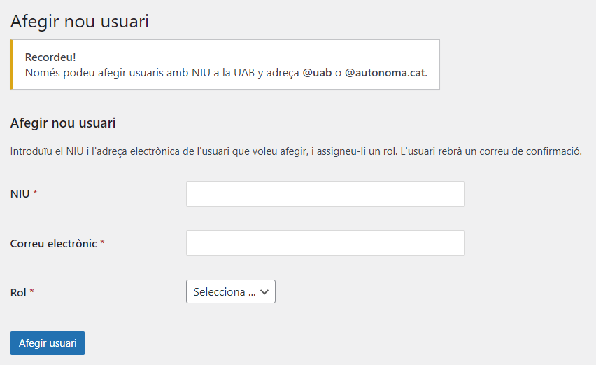 Captura de pantalla del formulari "Afegir un nou usuari"