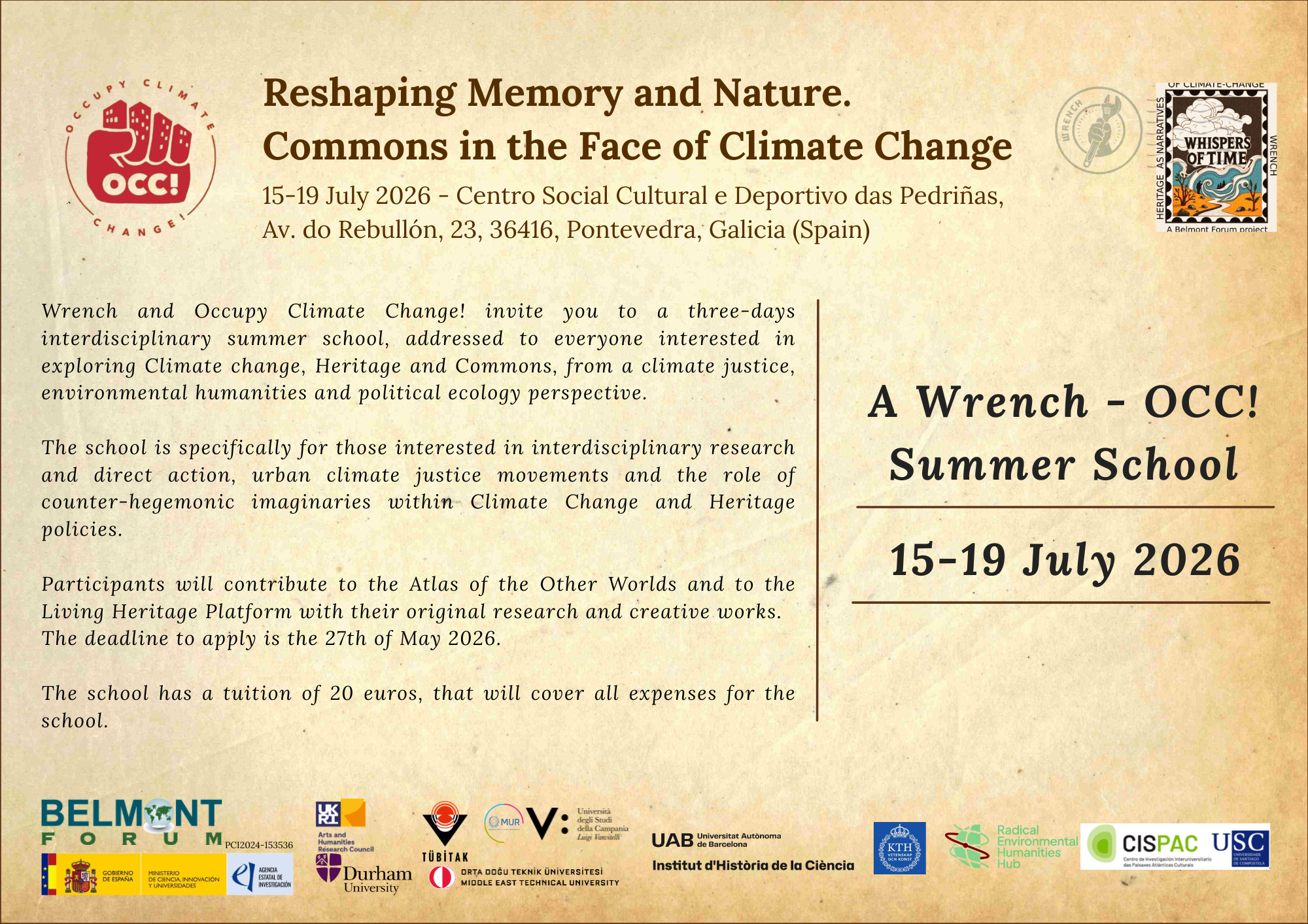 Reshaping Memory and Nature. Commons in the Face of Climate Change - Summer School July 15-19th, Galicia - Wrench - Whispers of Time as Narratives of Climate Change - Home page